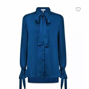 Reiss Blue Satin Blouse with Cuffed Sleeves and Tie Front